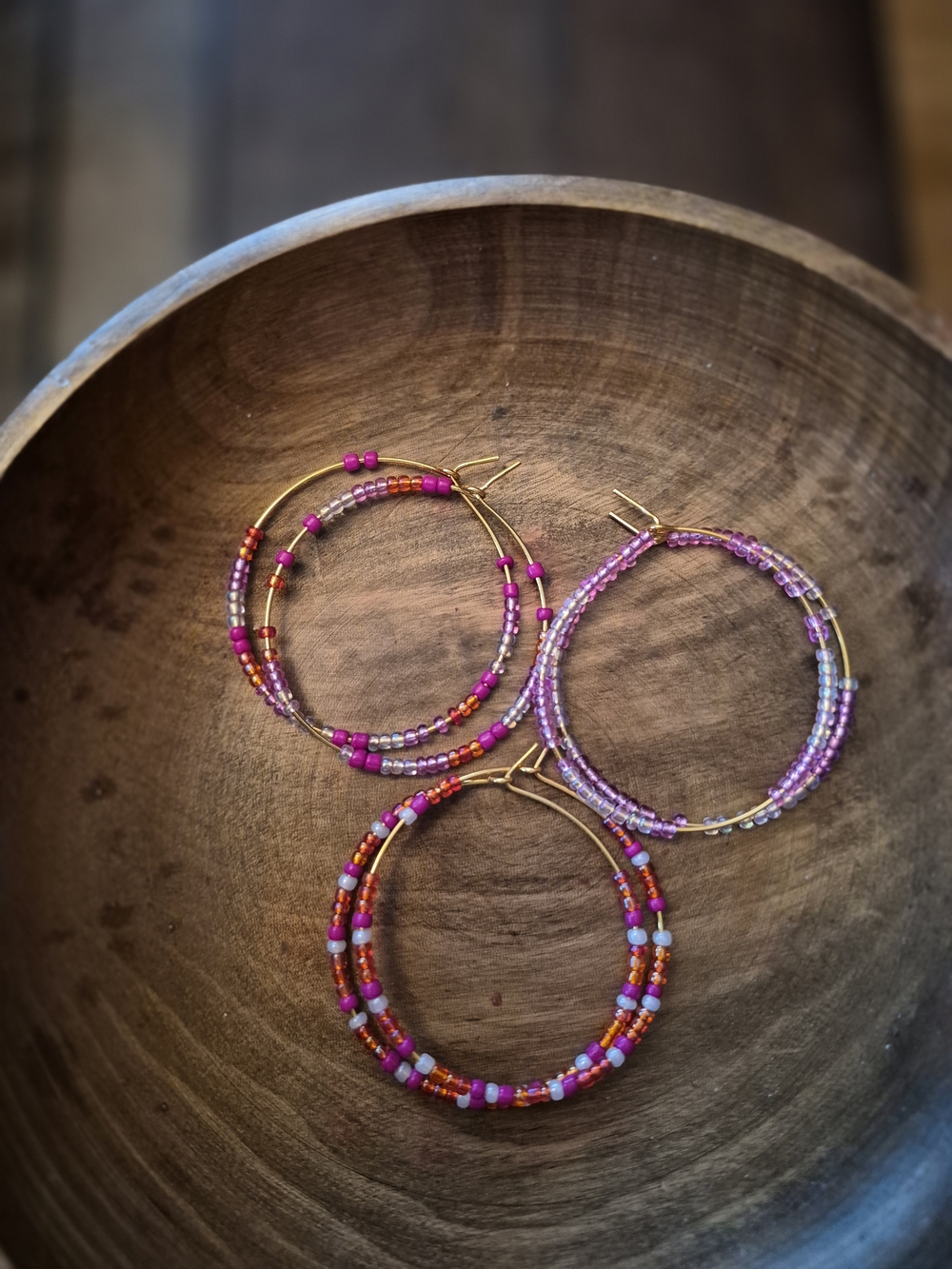 Hand Beaded Shades of Pink Hoop Earrings - 3 Pairs